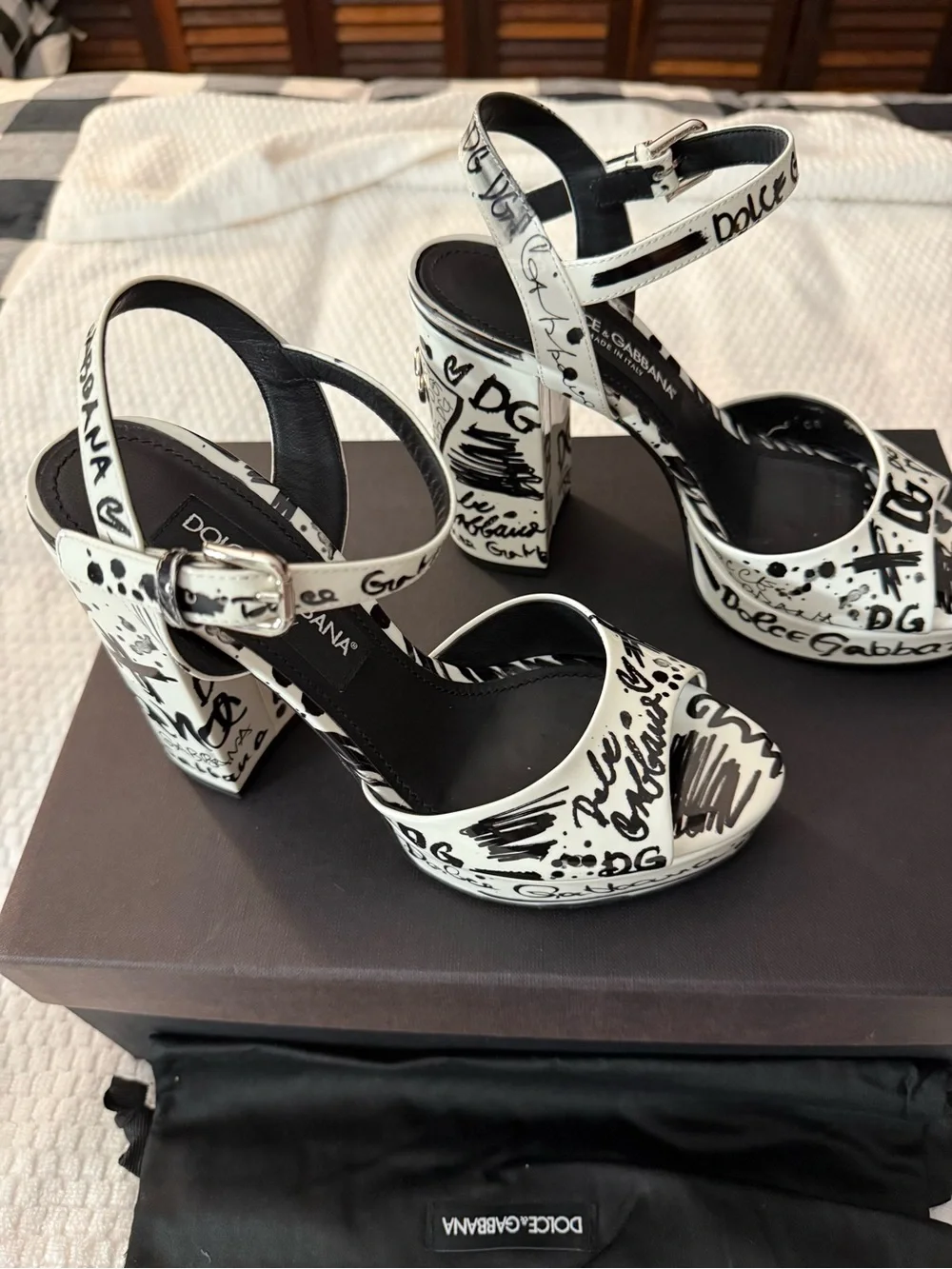 Dolce & Gabbana White and Black Graffiti Block Heel Sandals